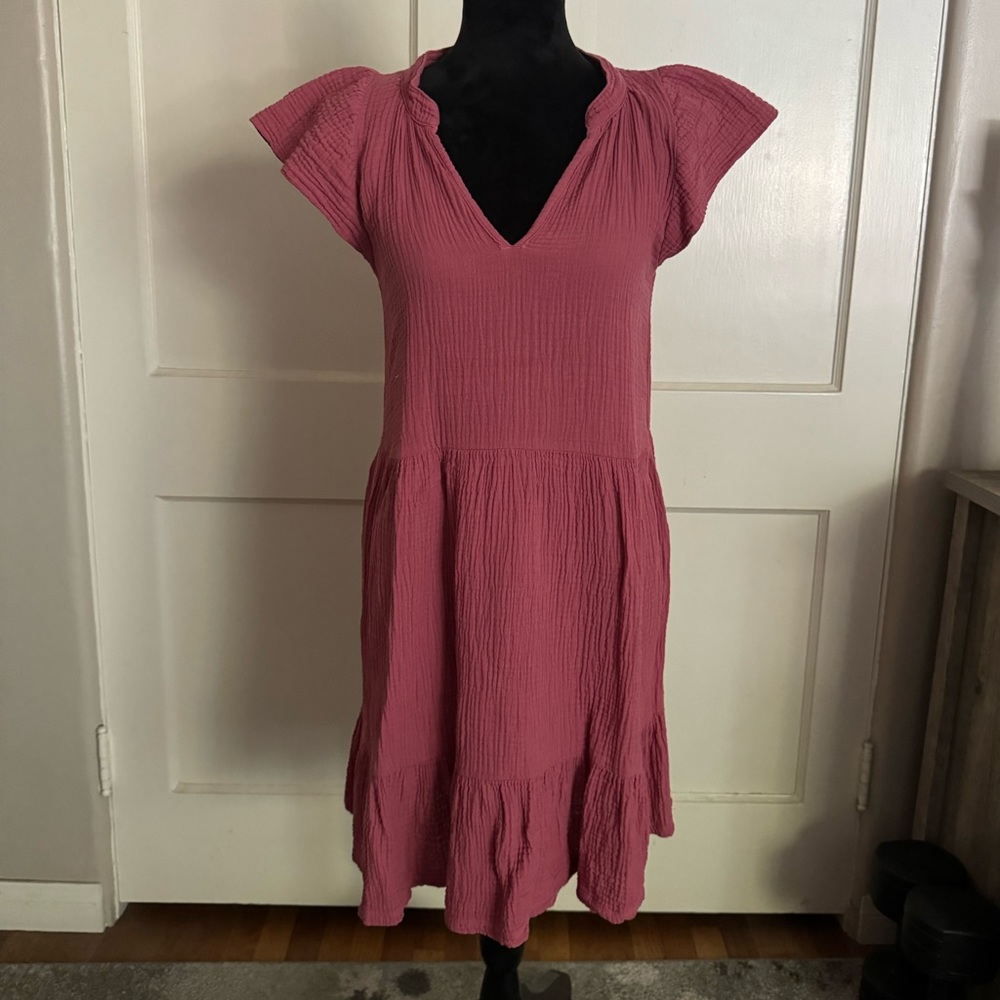 Nation Ltd Dress Flared Tiered Skirt Size S Waffle Cotton Short Cap Sleeves